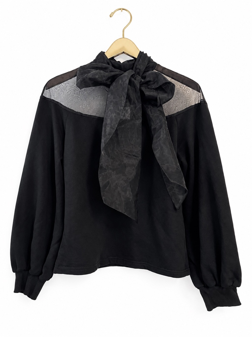 ZARA Blouse Top Black Organza Sheer Bow Long Puff Sleeves Small Pullover NWT